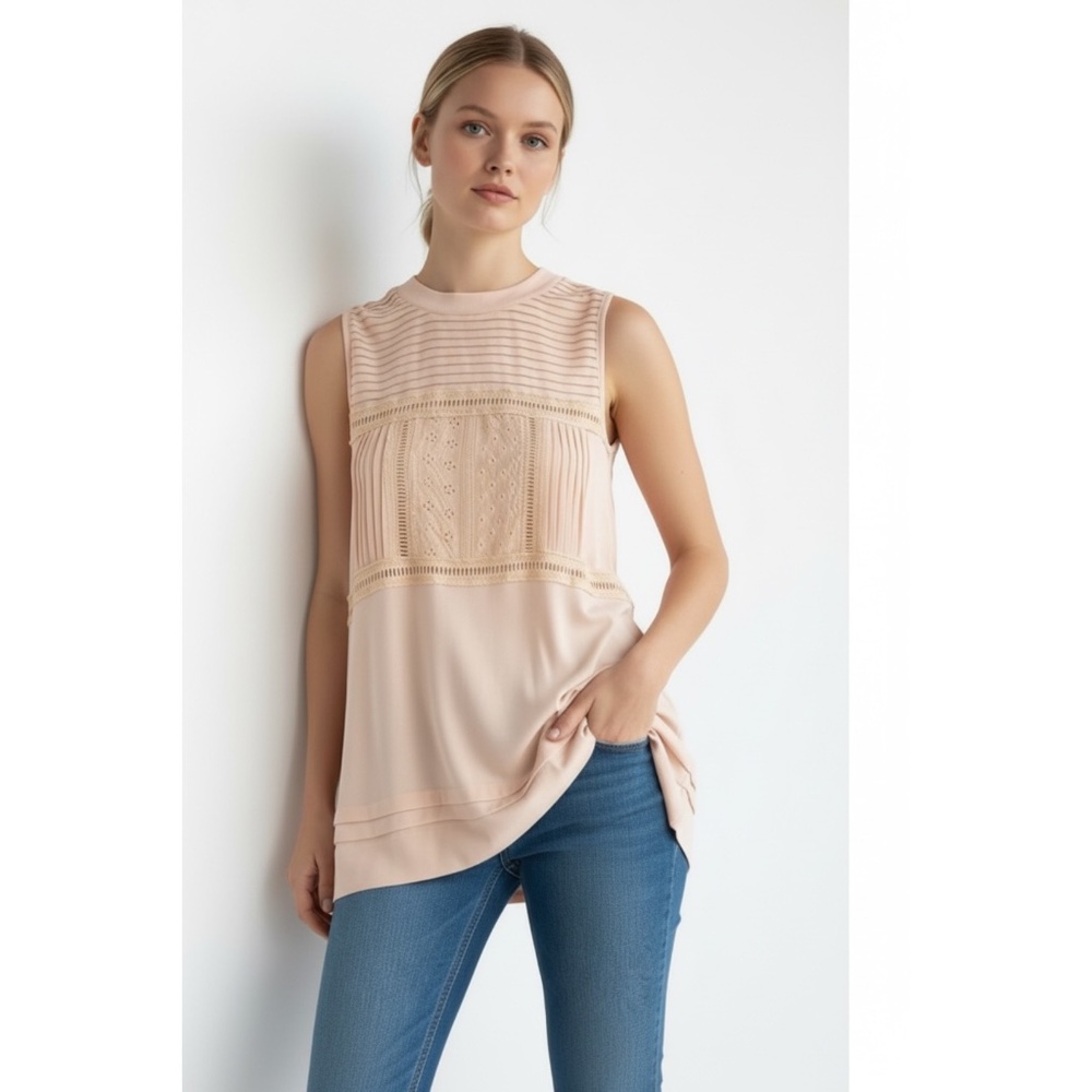 POL Peach Lace Trim Sleeveless Boho Top | Crew Neck  Relaxed Fit Blouse